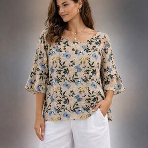 Viola Borghi Floral Linen Blouse Top Size L Blue Tan Cottagecore Made in Italy